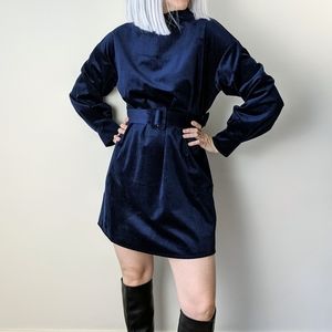 J.O.A. Blue Velvet Corduroy Belted Mini Dress